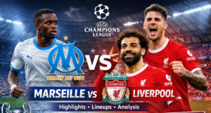 Liverpool vs Marseille Champions League match featuring Mohamed Salah and Dominik Szoboszlai at Stade VélodromeLiverpool vs Marseille Champions League match featuring Mohamed Salah and Dominik Szoboszlai at Stade Vélodrome