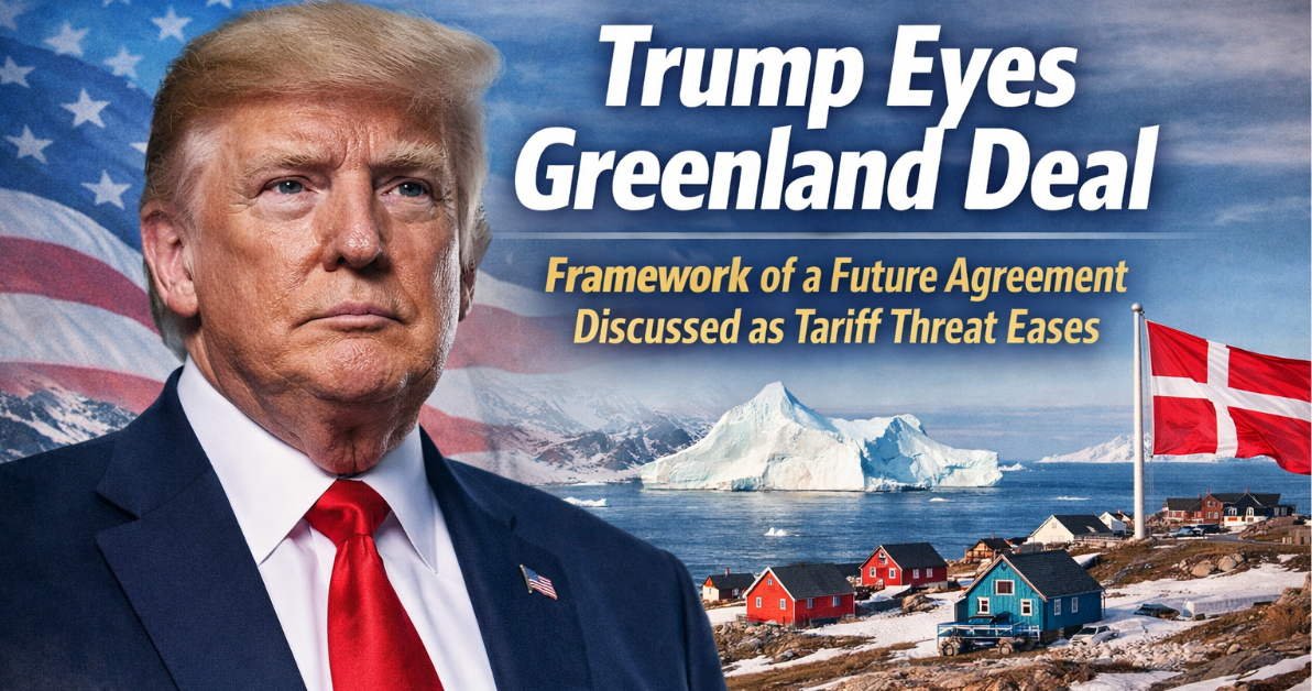 Illustration showing the U.S. exploring Greenland deal, featuring Donald Trump, NATO flags, Arctic landscape, and Greenland’s strategic minerals.