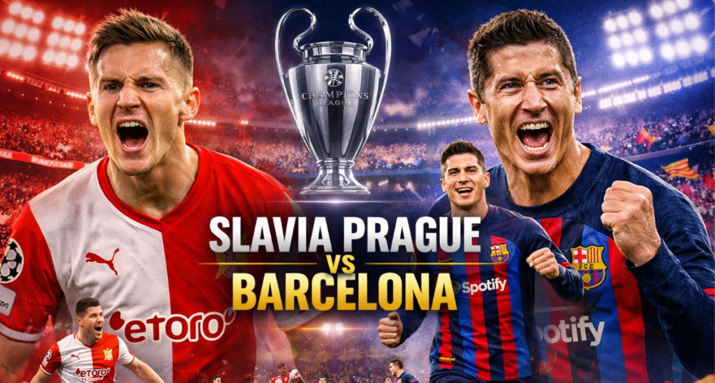 Slavia Prague vs Barcelona UEFA Champions League match action with Robert Lewandowski and Fermín López celebrating goals, Slavia Prague players in red and white kits, night stadium with cheering crowd.