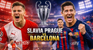Slavia Prague vs Barcelona UEFA Champions League match action with Robert Lewandowski and Fermín López celebrating goals, Slavia Prague players in red and white kits, night stadium with cheering crowd.