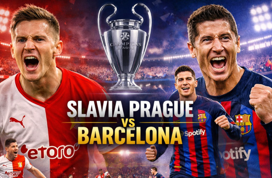 Slavia Prague vs Barcelona UEFA Champions League match action with Robert Lewandowski and Fermín López celebrating goals, Slavia Prague players in red and white kits, night stadium with cheering crowd.