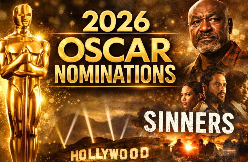 Golden Oscar statuette with headline ‘Oscar Nominations 2026’ featuring Sinners movie cast, highlighting Best Picture contenders and Academy Awards buzz