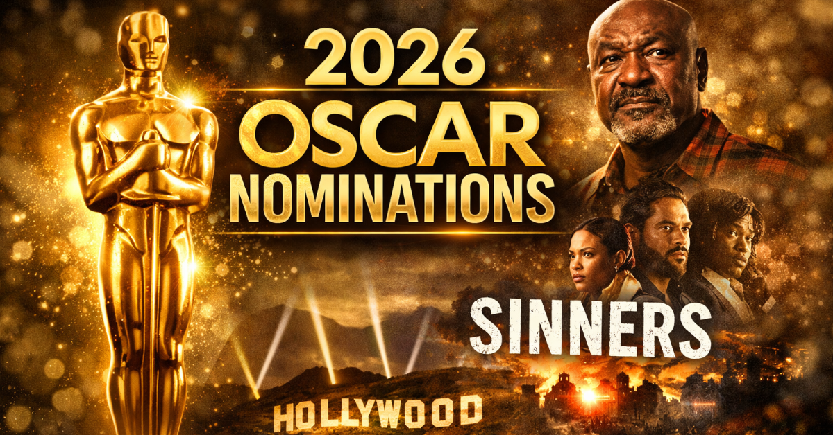 Golden Oscar statuette with headline ‘Oscar Nominations 2026’ featuring Sinners movie cast, highlighting Best Picture contenders and Academy Awards buzz