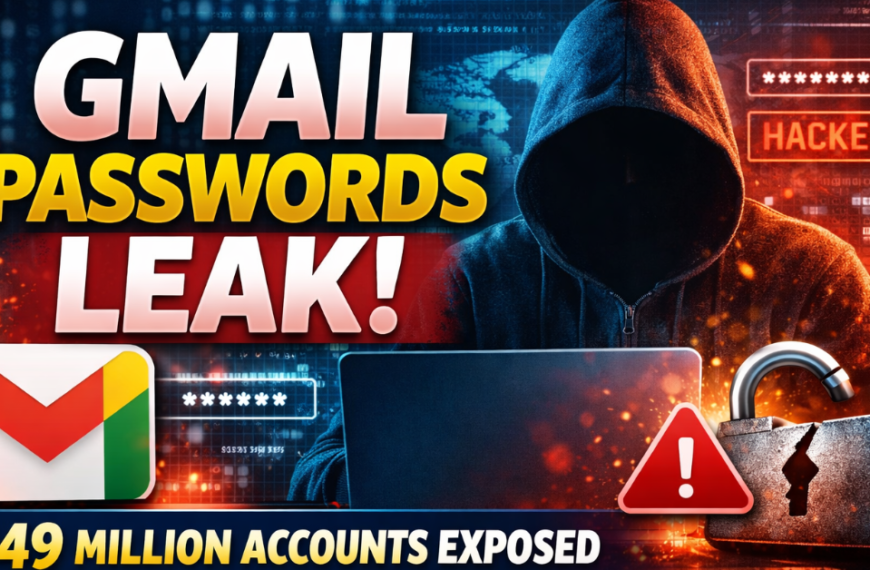 Gmail Passwords Leak 2026 – 149 million accounts exposed, digital security warning with Gmail logo, hacker silhouette, and padlock icon