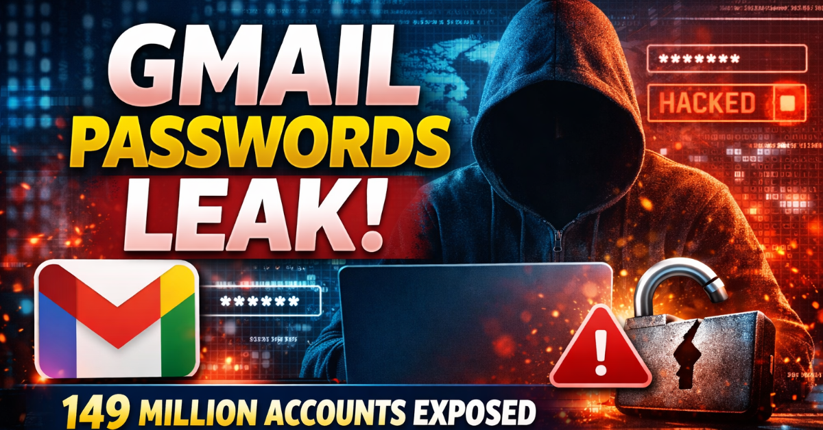 Gmail Passwords Leak 2026 – 149 million accounts exposed, digital security warning with Gmail logo, hacker silhouette, and padlock icon