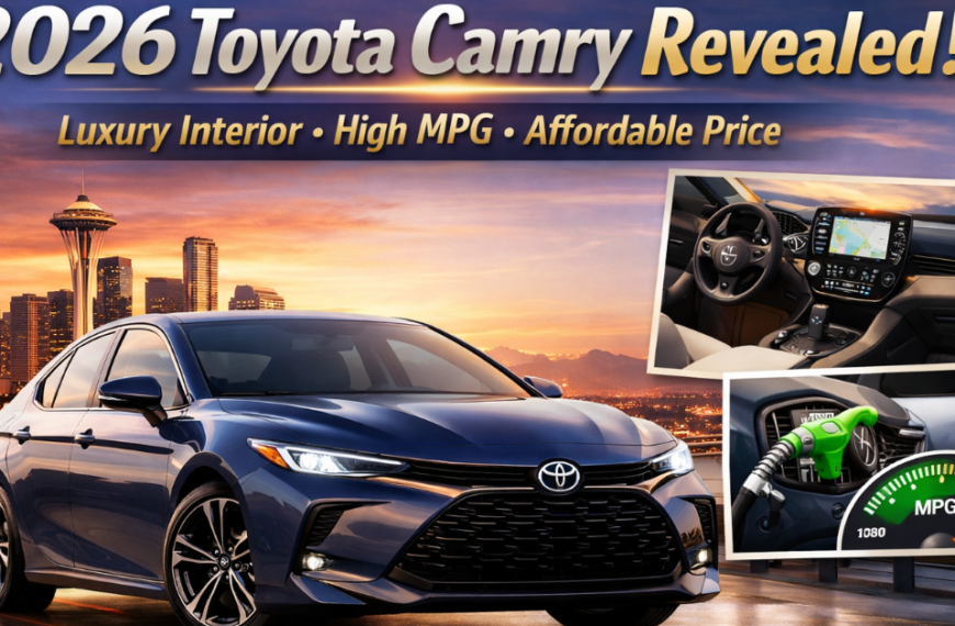 2026 Toyota Camry hybrid sedan showcasing luxury interior, high fuel mileage, and modern design in a city skyline setting