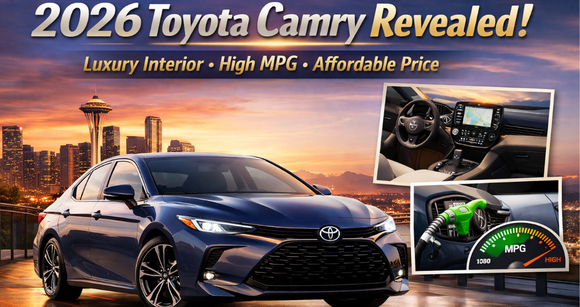 2026 Toyota Camry hybrid sedan showcasing luxury interior, high fuel mileage, and modern design in a city skyline setting