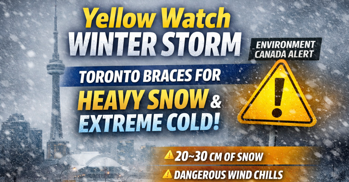 Yellow Watch Winter Storm hits Toronto with heavy snowfall, blowing snow, and extreme cold forecast.