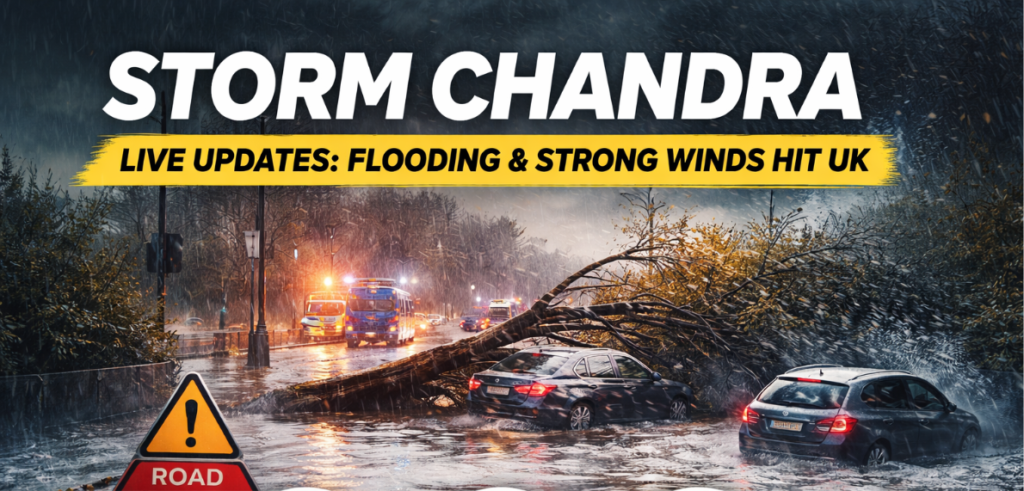 Storm Chandra flooding and road closures in the UK as strong winds and heavy rain impact traffic and emergency services