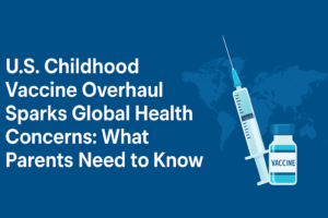 Illustration of U.S. childhood vaccine overhaul 2026 showing a syringe, vaccine vial, and world map highlighting global health concerns for children