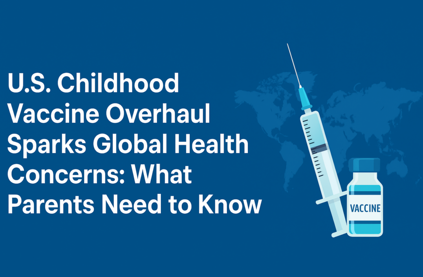 Illustration of U.S. childhood vaccine overhaul 2026 showing a syringe, vaccine vial, and world map highlighting global health concerns for children