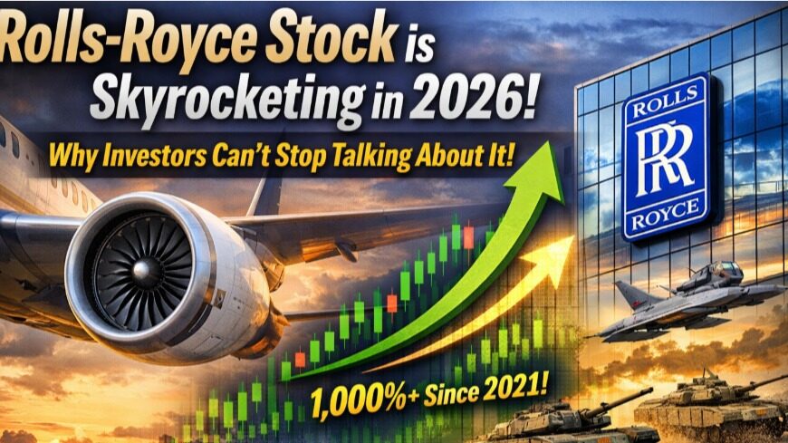 Rolls-Royce stock soaring in 2026 with rising chart, jet engine, and defense imagery, highlighting record highs and investor attention