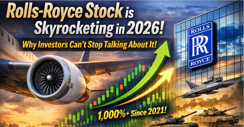 Rolls-Royce stock soaring in 2026 with rising chart, jet engine, and defense imagery, highlighting record highs and investor attention