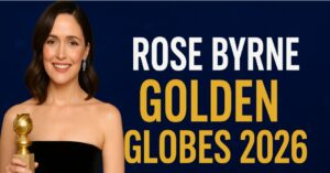 Rose Byrne holding Golden Globe 2026 award on red carpet