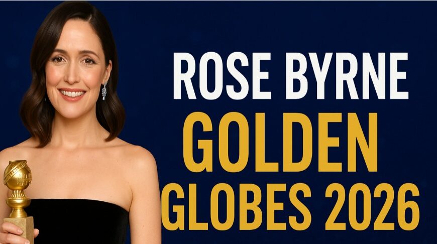 Rose Byrne holding Golden Globe 2026 award on red carpet