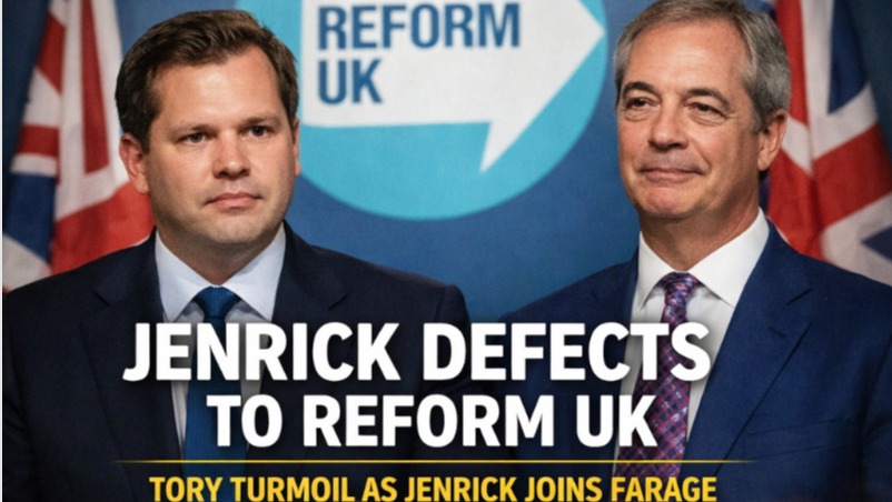 Former Conservative Minister Robert Jenrick defects to Nigel Farage's Reform UK party, causing major turmoil for the Tories.