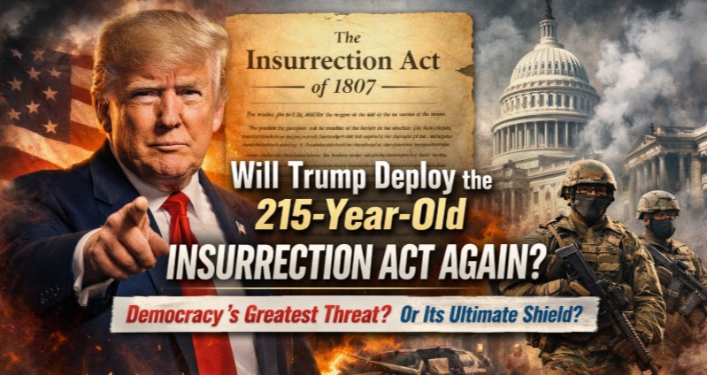 Donald Trump and U.S. troops symbolizing the Insurrection Act of 1807 and the debate over deploying the military inside the United States
