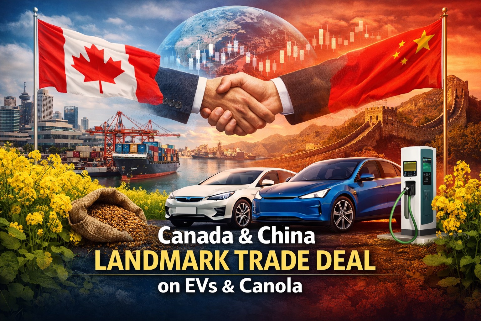Canada and China Reach Landmark Trade Deal on EVs and Canola – cars at port and canola field