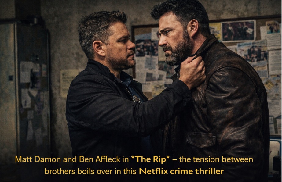 Matt Damon and Ben Affleck close-up in The Rip Netflix movie review, showing emotional intensity of main characters