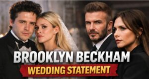 Brooklyn Beckham and Nicola Peltz wedding with family feud controversy; headline reads “Brooklyn Beckham Wedding Statement – Family Feud Explodes!”