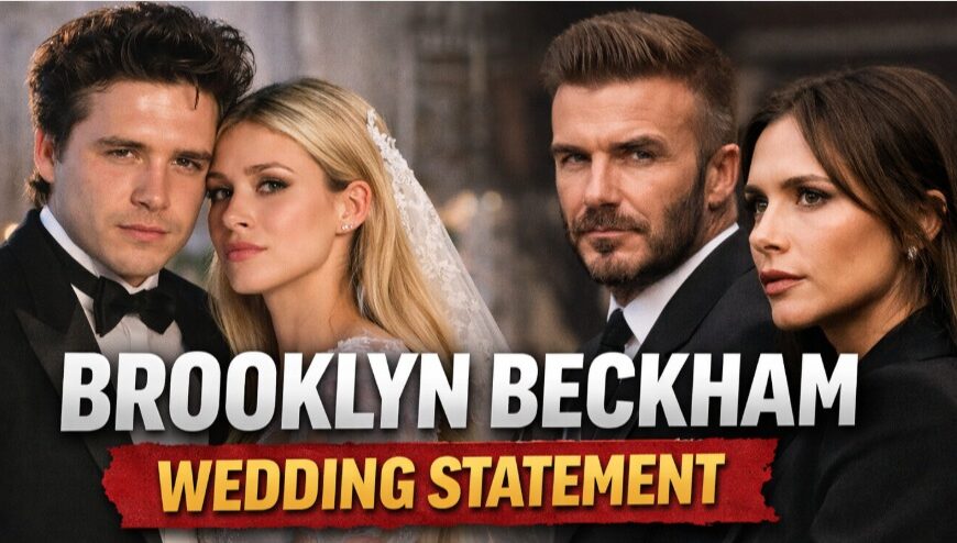 Brooklyn Beckham and Nicola Peltz wedding with family feud controversy; headline reads “Brooklyn Beckham Wedding Statement – Family Feud Explodes!”