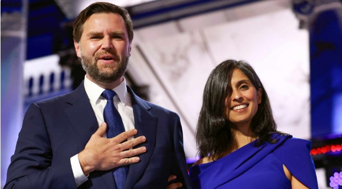 Usha Vance in professional attire, reading and preparing for a public engagement, representing modern leadership and cultural diversity.