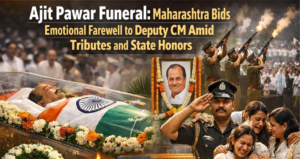 Ajit Pawar funeral in Maharashtra with state honors, mourners paying tribute, and military salute