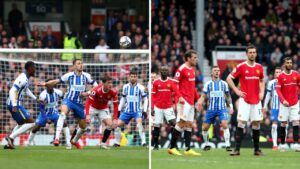 Manchester United vs Brighton FA Cup match graphic showing club crests and Danny Welbeck celebrating at Old Trafford
