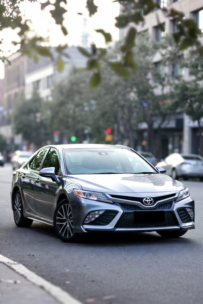 2026 Toyota Camry hybrid sedan exterior design with sleek LED headlights and aerodynamic body in an urban city setting