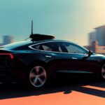 Modern black electric car with advanced GPS tracking antenna on roof, showcasing 2026 vehicle security and real-time fleet tracking technology