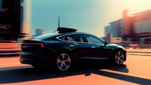 Modern black electric car with advanced GPS tracking antenna on roof, showcasing 2026 vehicle security and real-time fleet tracking technology