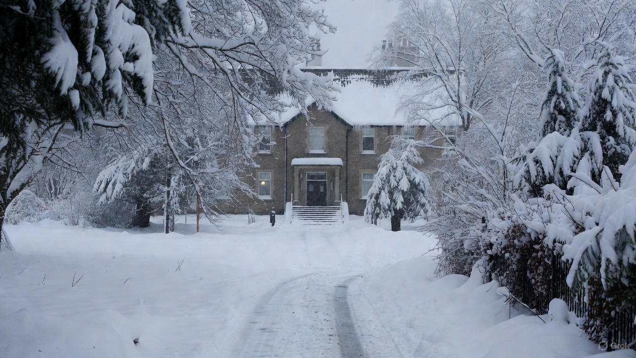Rural Highland road buried in snow leading to closed school during January 8 2026 weather disruption
