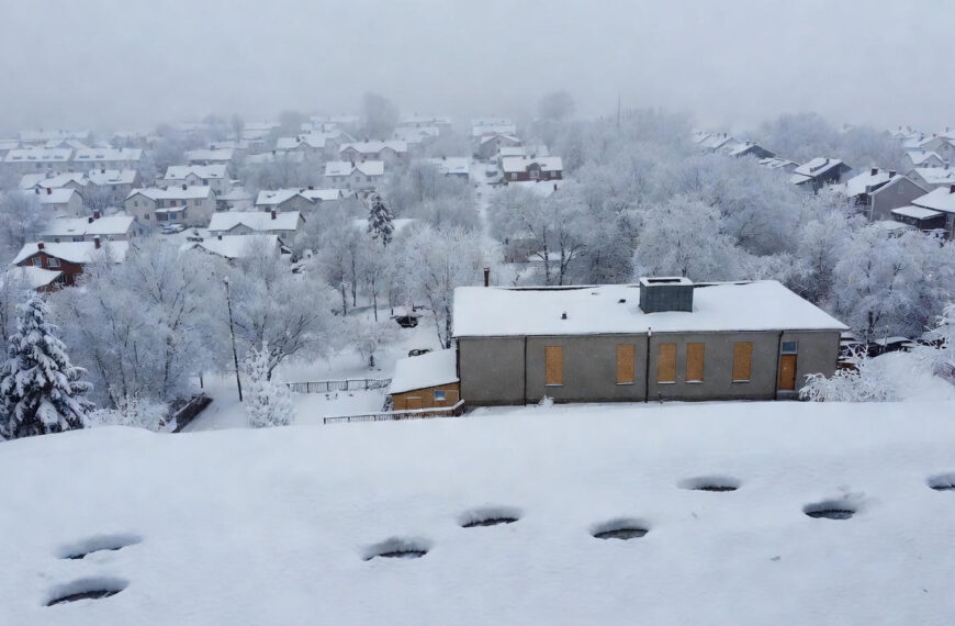Heavy snow covering Highland Council school buildings and roads in Scotland on January 8, 2026 due to severe winter weather causing school closures