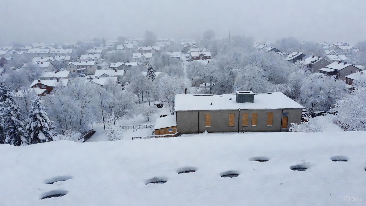 Heavy snow covering Highland Council school buildings and roads in Scotland on January 8, 2026 due to severe winter weather causing school closures