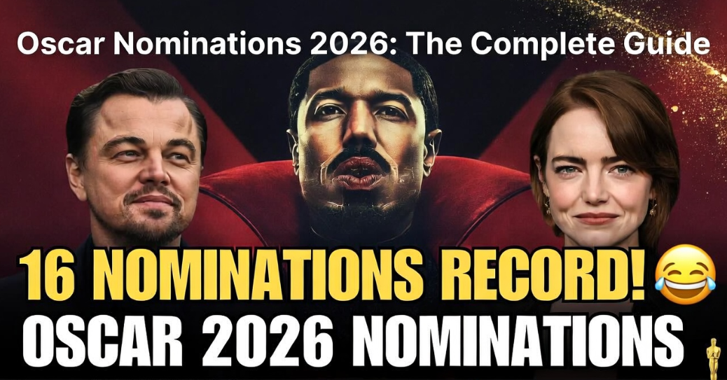 Oscar Nominations 2026 feature image showing a golden Oscar statue and Sinners movie cast highlighting Best Picture nominees and Academy Awards buzz