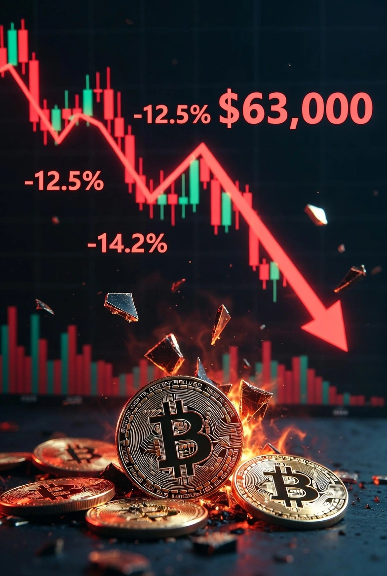 Bitcoin price crash showing sharp market decline to $63,000 during February 2026 crypto sell-off