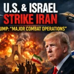 Explosions over Tehran skyline with U.S. and Israeli fighter jets and Donald Trump during Iran conflict escalation