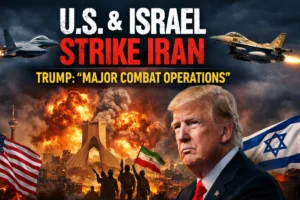 Explosions over Tehran skyline with U.S. and Israeli fighter jets and Donald Trump during Iran conflict escalation