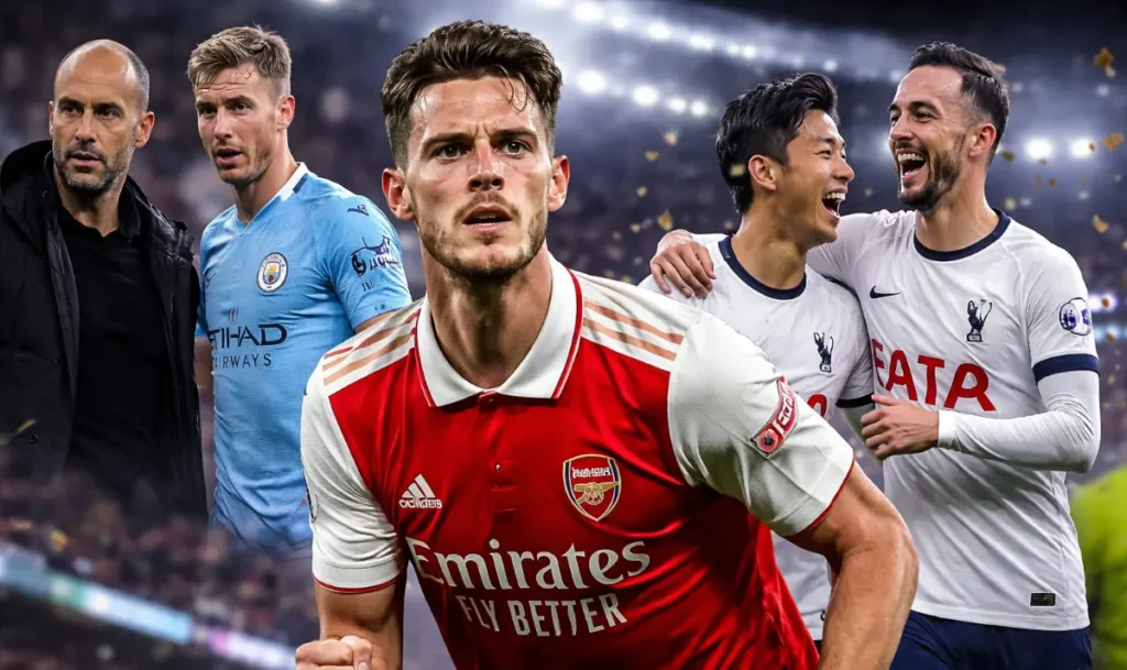 Declan Rice of Arsenal in focus during an intense Premier League clash, with Manchester City and Tottenham players reacting in the background under stadium lights.