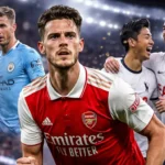 Declan Rice of Arsenal in focus during an intense Premier League clash, with Manchester City and Tottenham players reacting in the background under stadium lights.