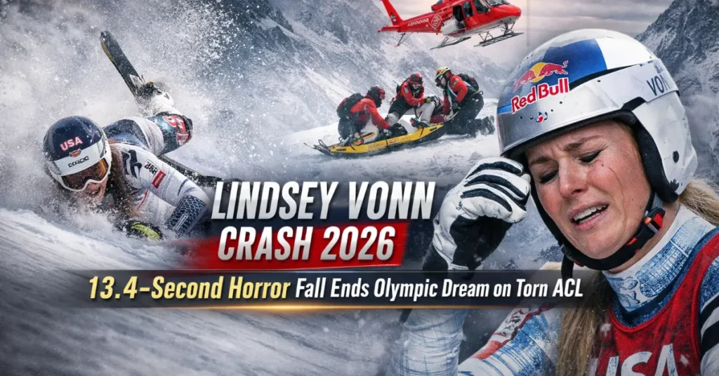 Lindsey Vonn crash 2026 during the women’s Olympic downhill as the skiing legend falls moments into her run and is later airlifted after a serious injury.