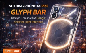 Nothing Phone 3a Pro smartphone with transparent back design and glowing glyph lights showcased in a futuristic dark background highlighting premium camera and sleek build.