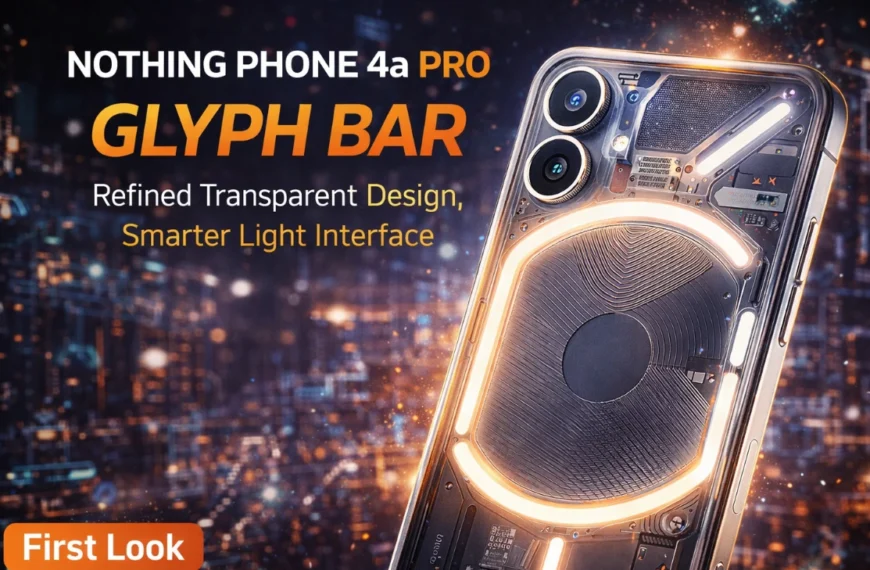 Nothing Phone 3a Pro smartphone with transparent back design and glowing glyph lights showcased in a futuristic dark background highlighting premium camera and sleek build.