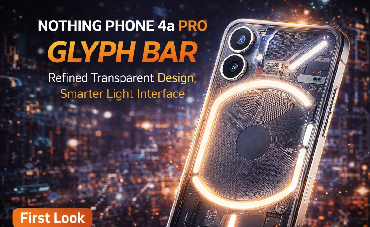Nothing Phone 3a Pro smartphone with transparent back design and glowing glyph lights showcased in a futuristic dark background highlighting premium camera and sleek build.