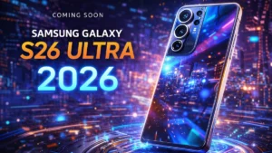 Samsung Galaxy S26 Ultra 2026 smartphone with futuristic neon city background showcasing advanced 200MP camera system and Galaxy AI technology.
