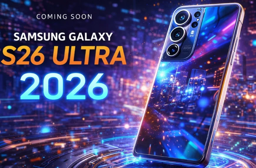 Samsung Galaxy S26 Ultra 2026 smartphone with futuristic neon city background showcasing advanced 200MP camera system and Galaxy AI technology.
