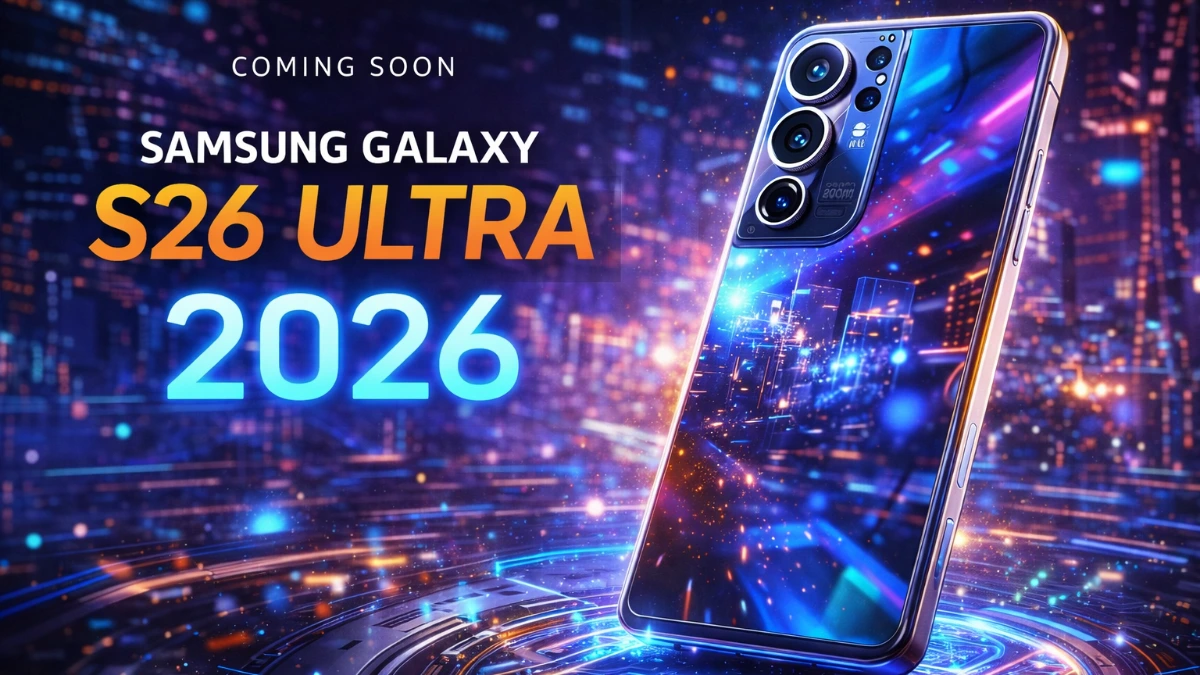 Samsung Galaxy S26 Ultra 2026 smartphone with futuristic neon city background showcasing advanced 200MP camera system and Galaxy AI technology.