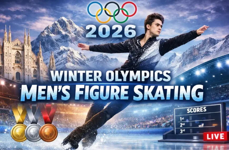 2026 Winter Olympics Men’s Figure Skating athlete performing a quad jump inside the Milan Olympic arena during the Milan Cortina 2026 Winter Games