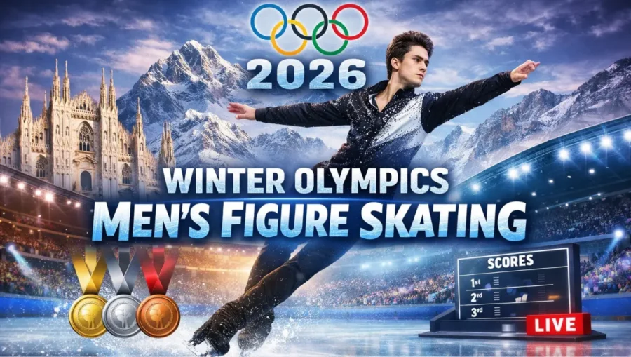 2026 Winter Olympics Men’s Figure Skating athlete performing a quad jump inside the Milan Olympic arena during the Milan Cortina 2026 Winter Games