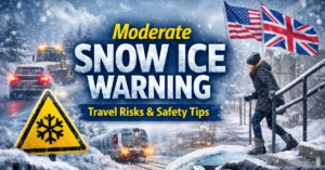 Moderate snow ice warning feature image showing icy road, snowplough, pedestrian on snowy steps, train in snowfall, and UK and US flags highlighting winter travel risks and safety tips.